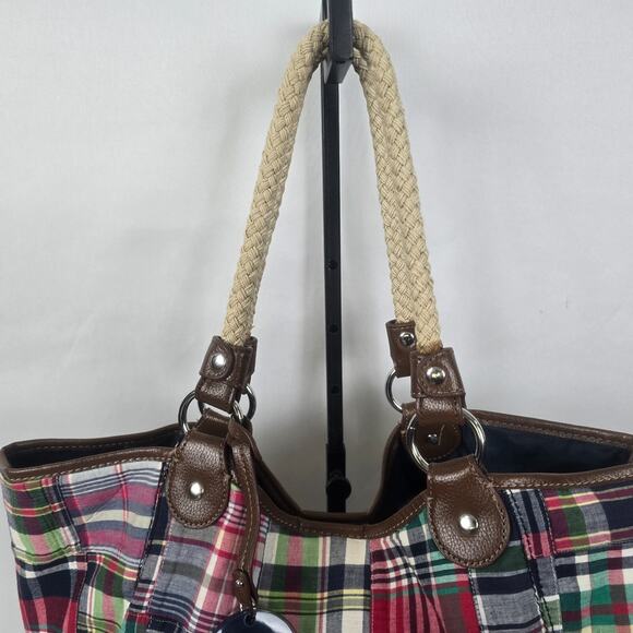Tommy Hilfiger Tote Colorful Plaid Double Shoulder Strap 11" x 12" x 7" - Picture 5 of 16